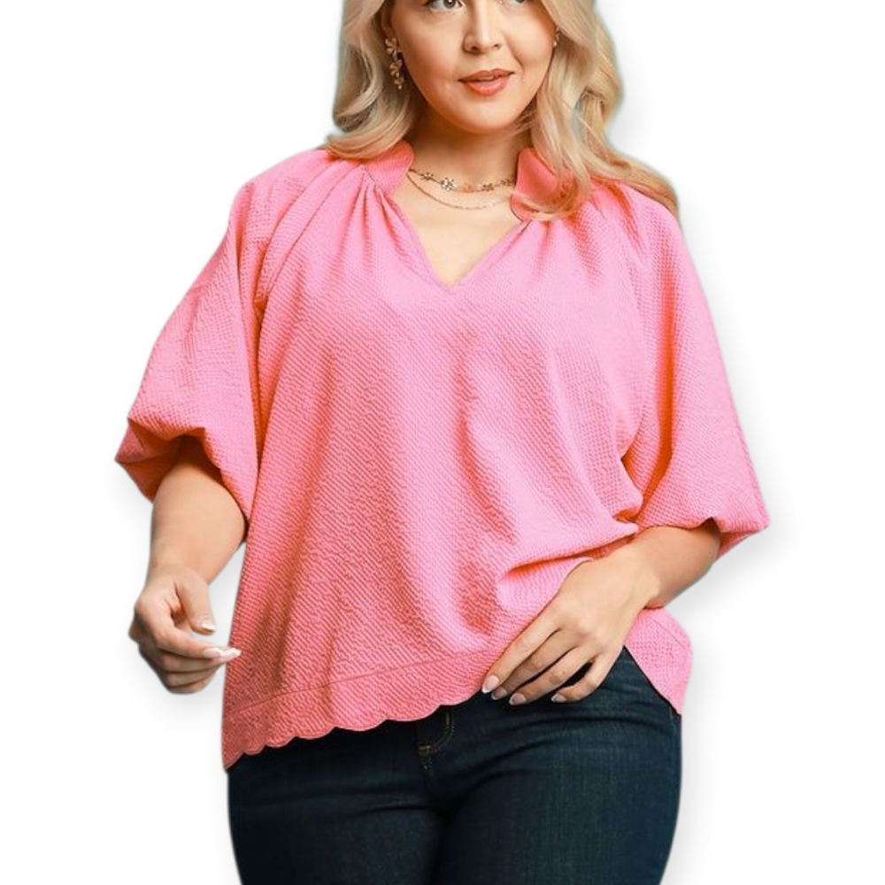 Umgee Bubble Sleeved Scalloped Seersucker Blouse, Various Sizes, NWT - Picture 1 of 3